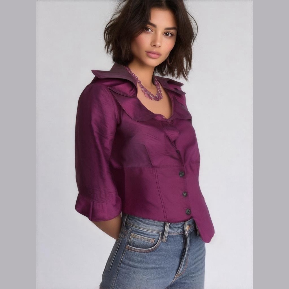 Shani Ruffle Shimmer Silk Purple Top Size 6